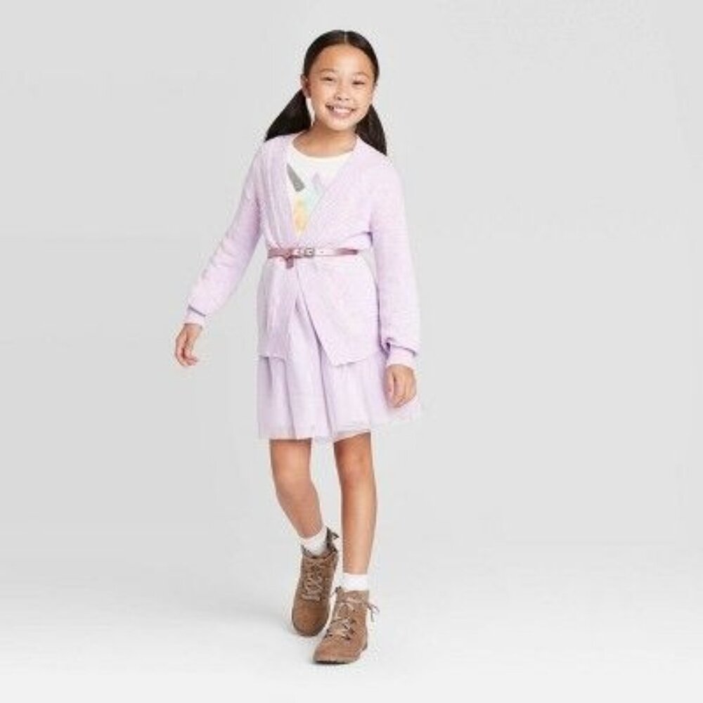 Girls Light Purple Open-Front Cardigan Sweater By Cat & Jack Soft Knit Long Slee